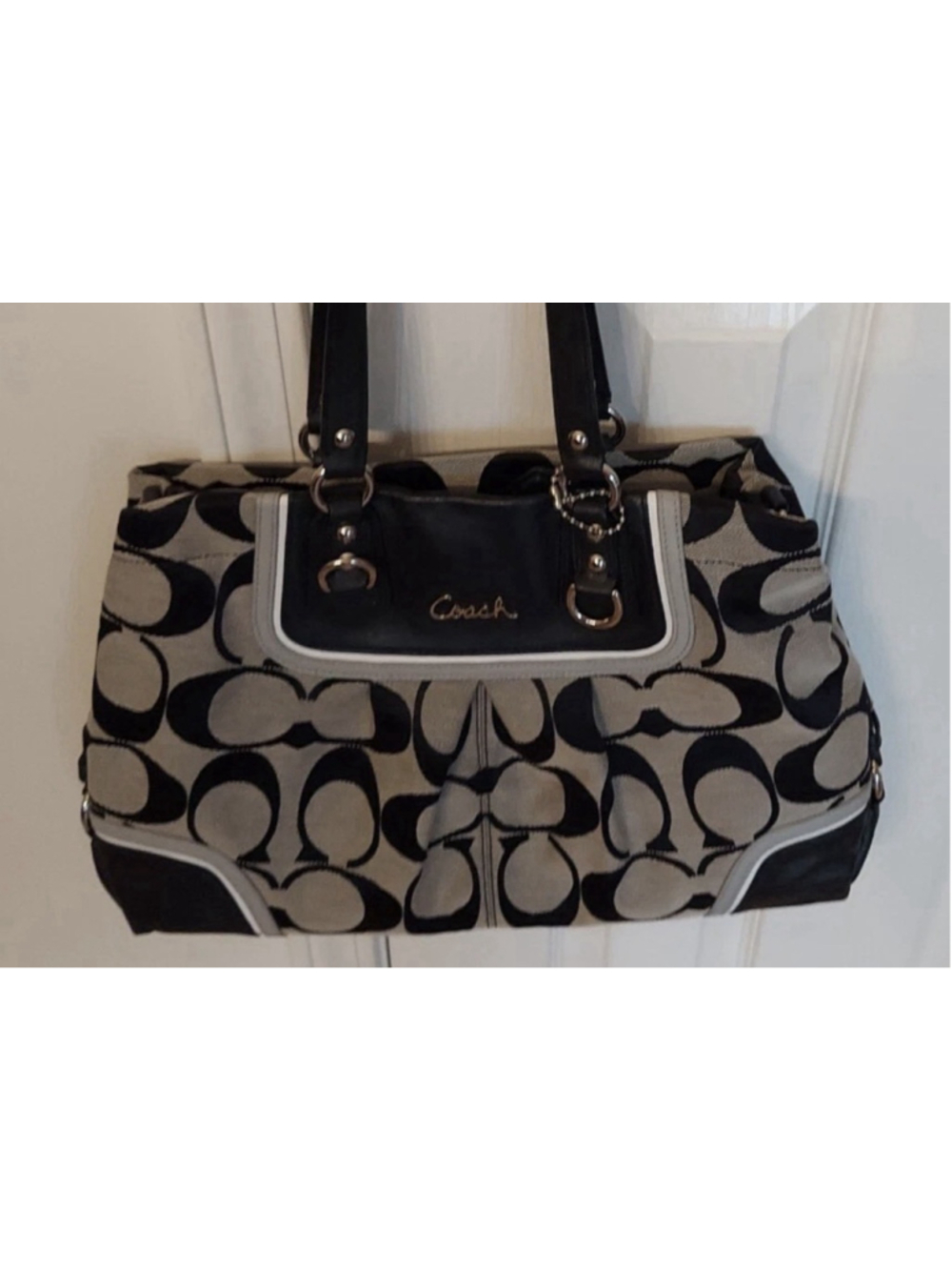 COACH SIGNATURE ASHLEY BLACK/WHITE LARGE BAG PURSE SATCHEL TOP HANDLE EUC COA